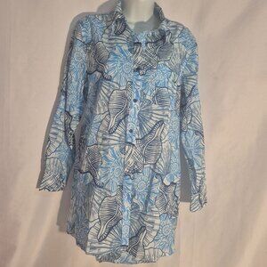 True Destinations button-front blouse, blue and white shell design in size Large